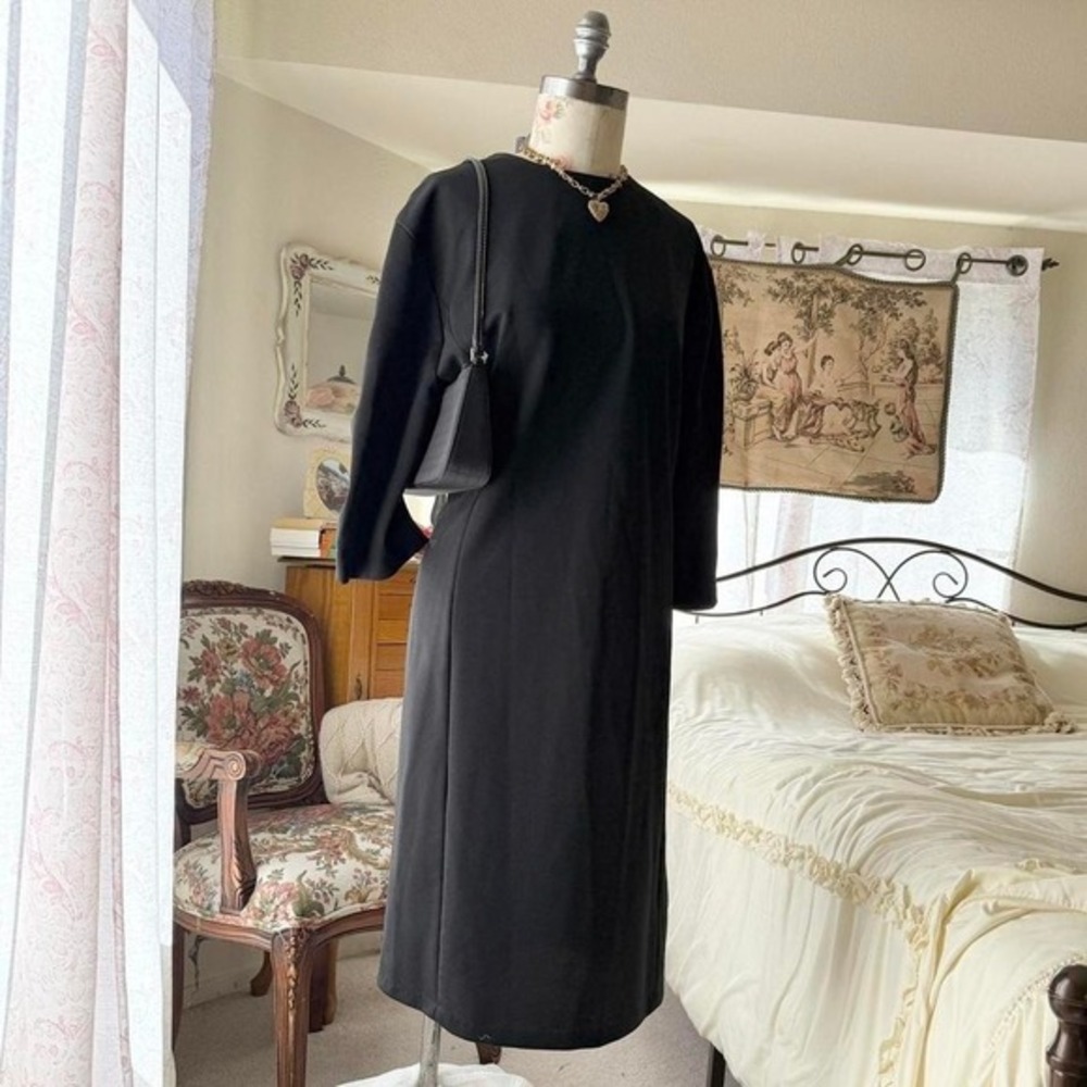 70s black midi dress long sleeve handmade womens xl‎